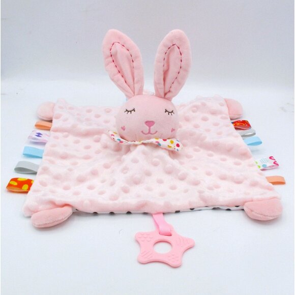 Pink Bunny Lovey Rattle Teether Blanket W/ Tags For Babies Minky & Polka Dot Bac - Picture 1 of 5